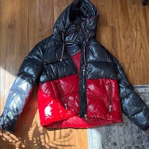 Tommy Hilfiger Black and Red Quilted Puffer Jacket with Hood